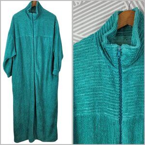 Vintage Chenille Robe House Coat Large Pockets Zip Up Green Warm Winter Long